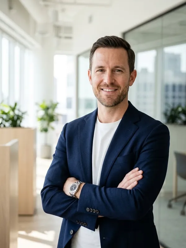 Portrait of the coach standing in a bright office, arms folded